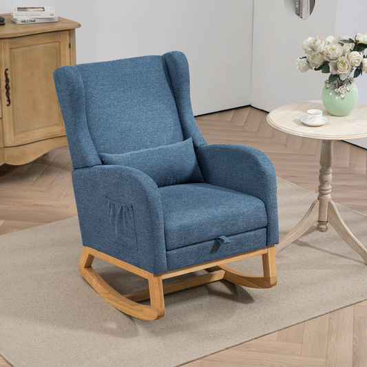 25.4'W Modern Rocking Chair for Nursery, Mid Century Accent Arm Rocker With Retractable Footrest, Side Pocket, Comfy Upholstered Wingback Wooden Glider Chair for Living Room Baby Kids Room. Blue