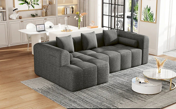 Modern Grey Modular Sectional Sofa with Deep Seating and Side Pockets in Chenille Fabric - Fluent Trends