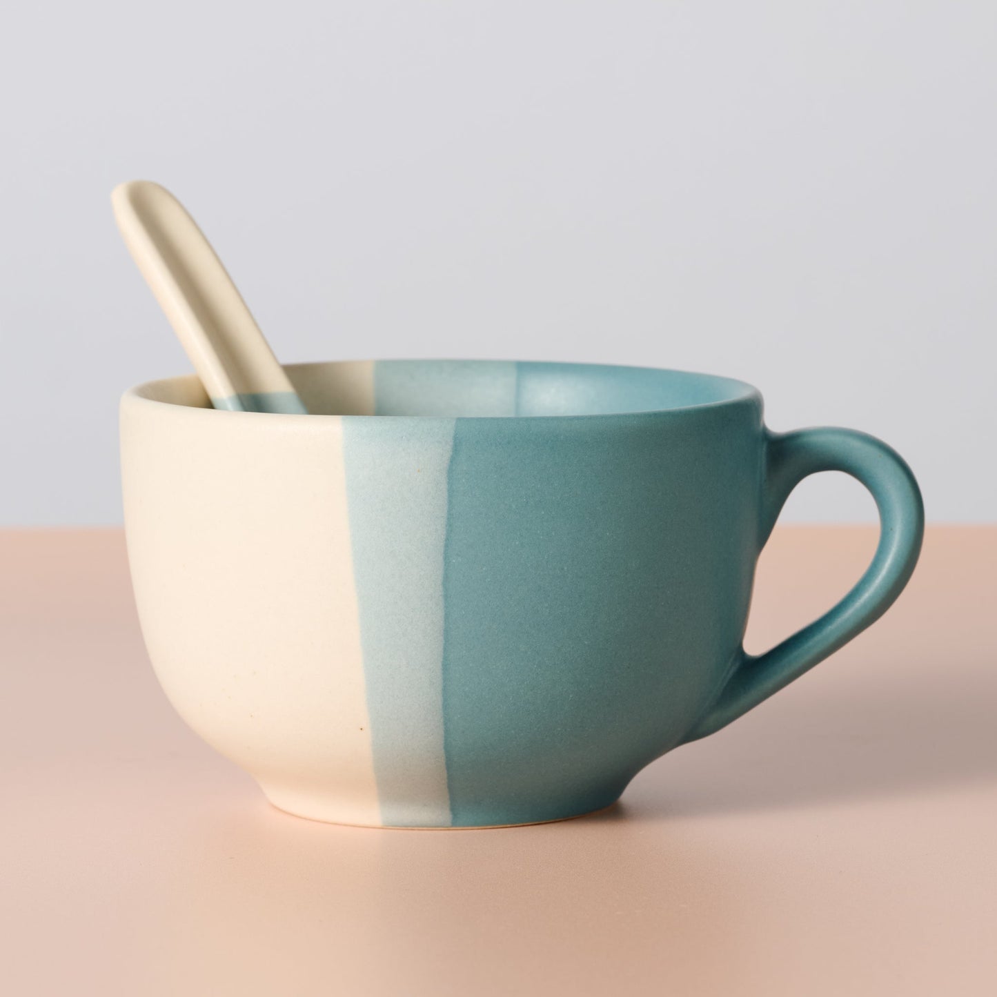 Jumbo Soup Mug with Spoon - 20oz Ceramic Bowl Mug Striped Blue