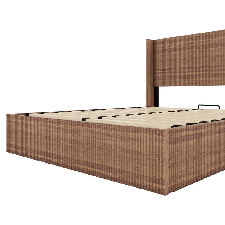 Large Grooved Undulating QueenSize Wooden Platform Bed Frame With Lift Storage - Fluent Trends