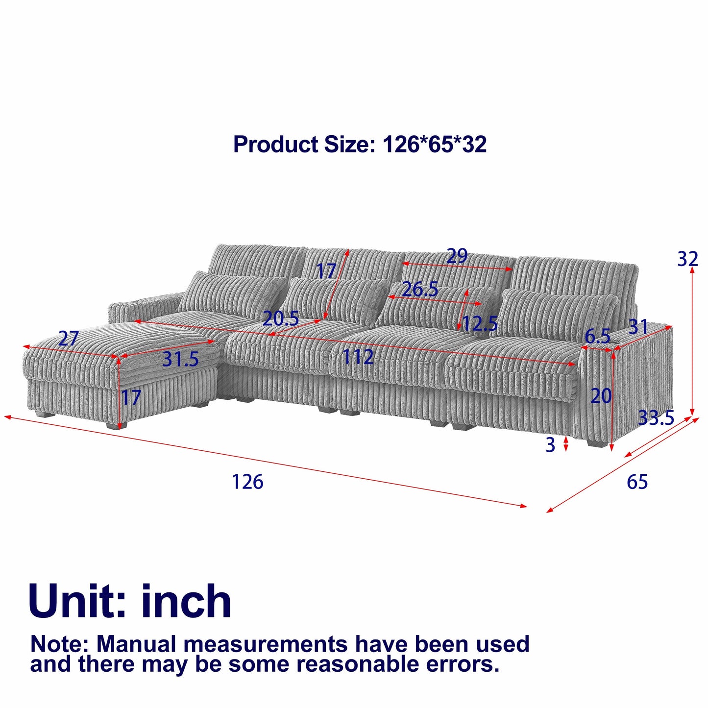 126-inch Corduroy With Cup Holder Super Large L-Shaped Sofa, Movable Footrest