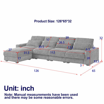 126-inch Corduroy With Cup Holder Super Large L-Shaped Sofa, Movable Footrest