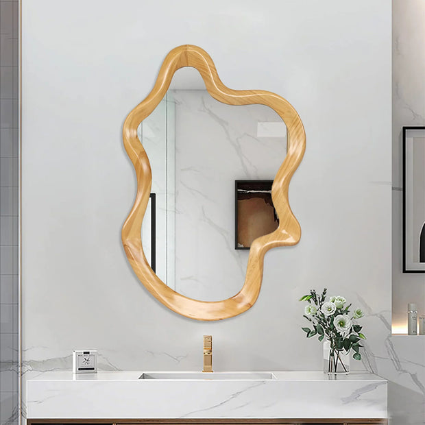 Irregular Wall Mirror with Natural Wood Frame - 33.46" x 22.24" - Fluent Trends