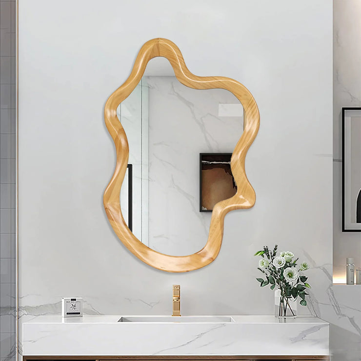 Irregular Wall Mirror with Natural Wood Frame - 33.46" x 22.24" - Fluent Trends