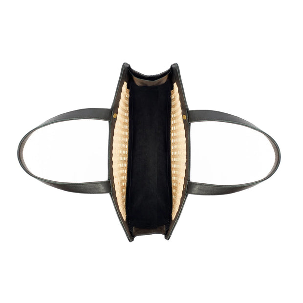 Classic Rattan and Black Leather Tote Shoulder Bag - Fluent Trends