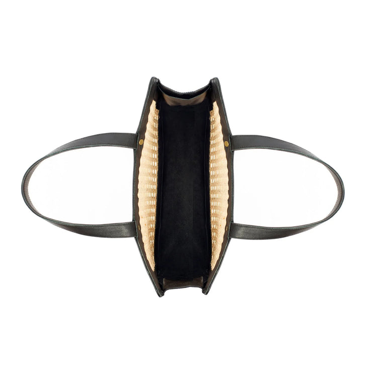 Classic Rattan and Black Leather Tote Shoulder Bag - Fluent Trends