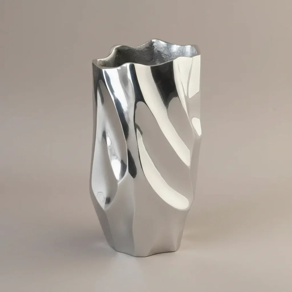 Abstract Silver Aluminum Vase — Warm Grey Background