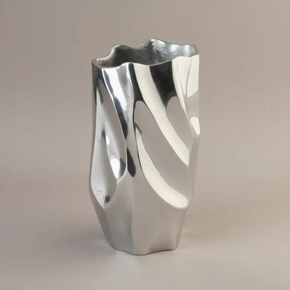 Abstract Silver Aluminum Vase — Warm Grey Background