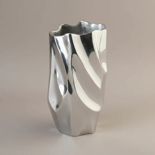 Abstract Silver Aluminum Vase — Warm Grey Background