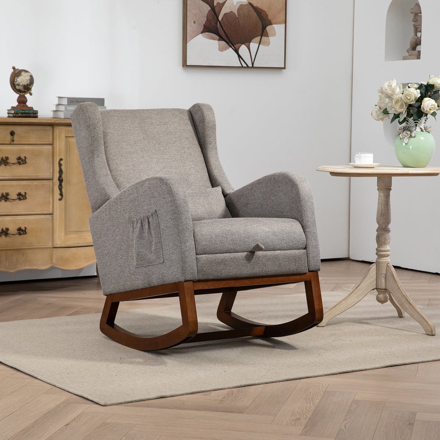 25.4'W Modern Rocking Chair for Nursery, Mid Century Accent Arm Rocker With Retractable Footrest, Side Pocket, Comfy Upholstered Wingback Wooden Glider Chair for Living Room Baby Kids Room. Taupe