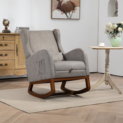 25.4'W Modern Rocking Chair for Nursery, Mid Century Accent Arm Rocker With Retractable Footrest, Side Pocket, Comfy Upholstered Wingback Wooden Glider Chair for Living Room Baby Kids Room. Taupe