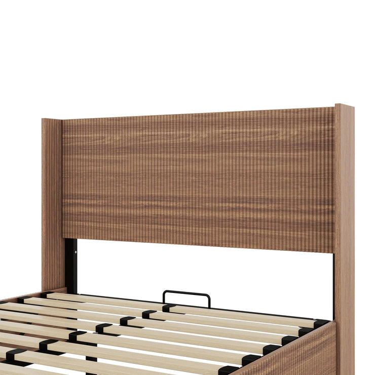 Large Grooved Undulating QueenSize Wooden Platform Bed Frame With Lift Storage - Fluent Trends