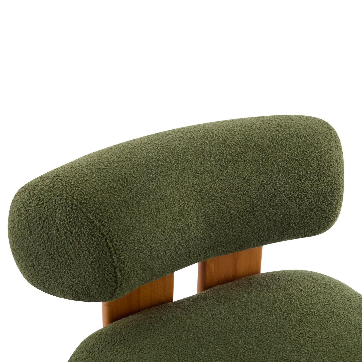 Close-up of olive green textured fabric chair backrest with wooden support, modern home furniture