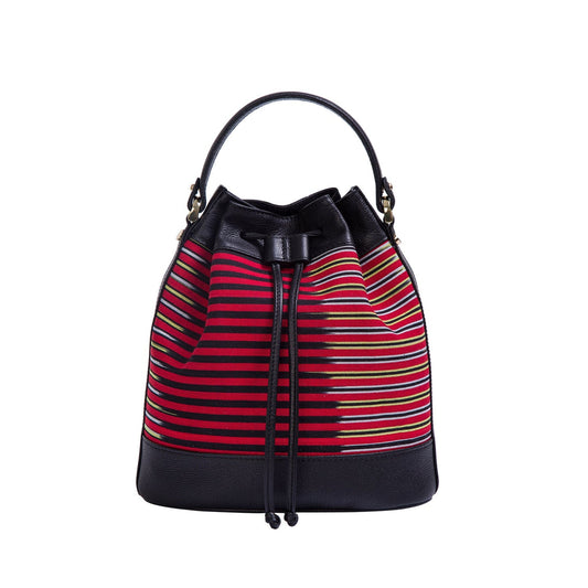 Black Leather & Striped Fabric Pattern Convertible Bag