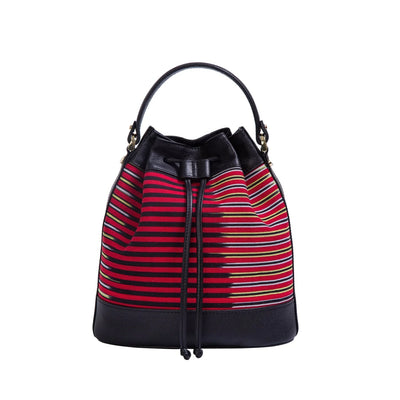 Black Leather & Striped Fabric Pattern Convertible Bag - Fluent Trends