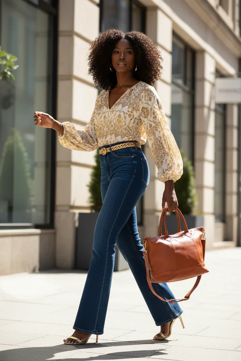Stylish woman in patterned blouse and blue jeans walking outdoors with brown leather handbag and heels