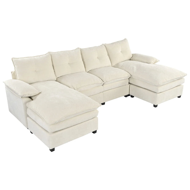 Fluent Trends U-Shaped Chenille Sectional Sofa - Beige 6-Seater with Adjustable Armrests - Fluent Trends