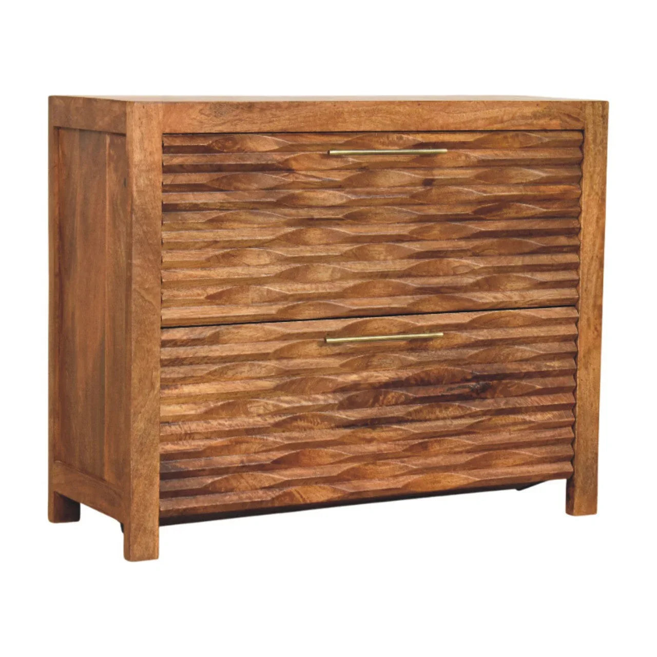 Amber Wavefront artisan hand carved sideboard three-quarter view showing sculptural wave texture and solid mango wood grain

