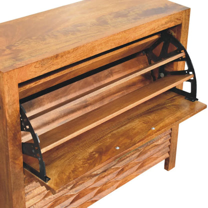 Amber Wavefront artisan mango wood console single compartment close-up showing flip-down mechanism and slatted shoe shelf interior

