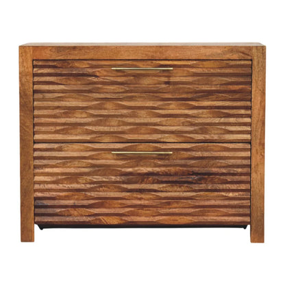 Amber Wavefront artisan solid wood sideboard front view with hand-carved wave pattern and brass handles

