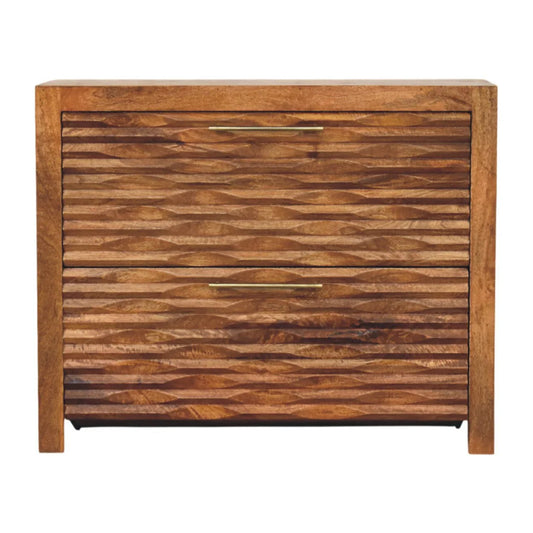 Amber Wavefront artisan solid wood sideboard front view with hand-carved wave pattern and brass handles

