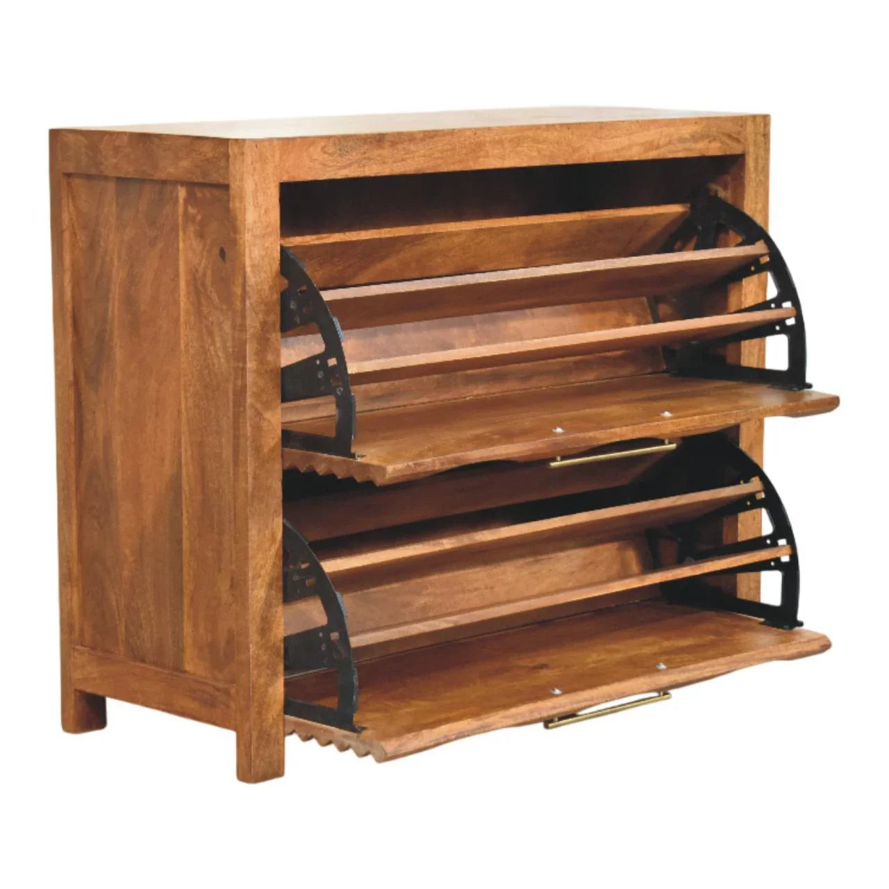 Amber Wavefront modern handcrafted storage cabinet interior with two flip-down shoe compartments open showing tiered shelving

