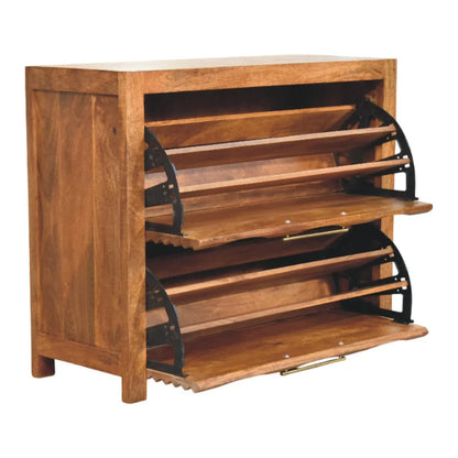 Amber Wavefront modern handcrafted storage cabinet interior with two flip-down shoe compartments open showing tiered shelving


