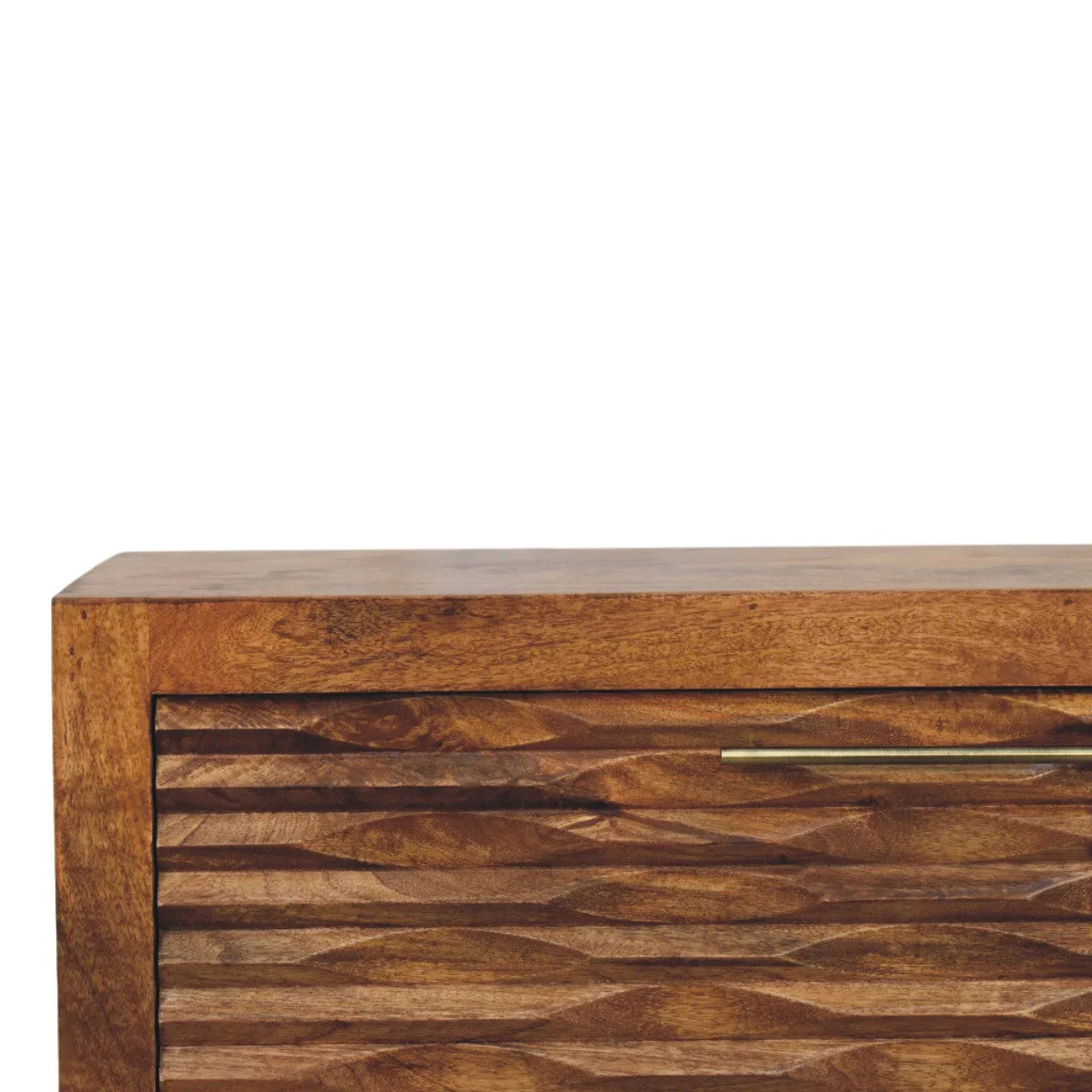 Amber Wavefront solid mango wood grain and hand-carved wave detail close-up with brass handle

