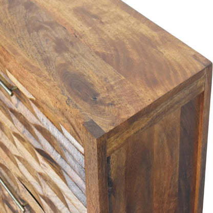 Amber Wavefront sustainable solid wood furniture top surface and corner joinery detail showing natural mango wood grain

