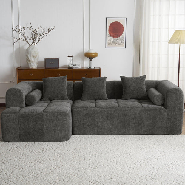 Modern Grey Modular Sectional Sofa with Deep Seating and Side Pockets in Chenille Fabric - Fluent Trends