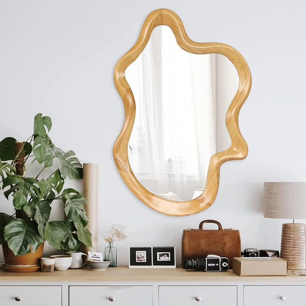 Irregular Wall Mirror with Natural Wood Frame - 33.46" x 22.24" - Fluent Trends