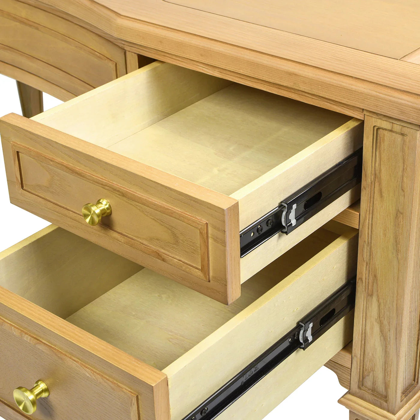 Interior view of two open drawers on an ash wood executive desk showing the smooth wood finish and durable storage compartments.