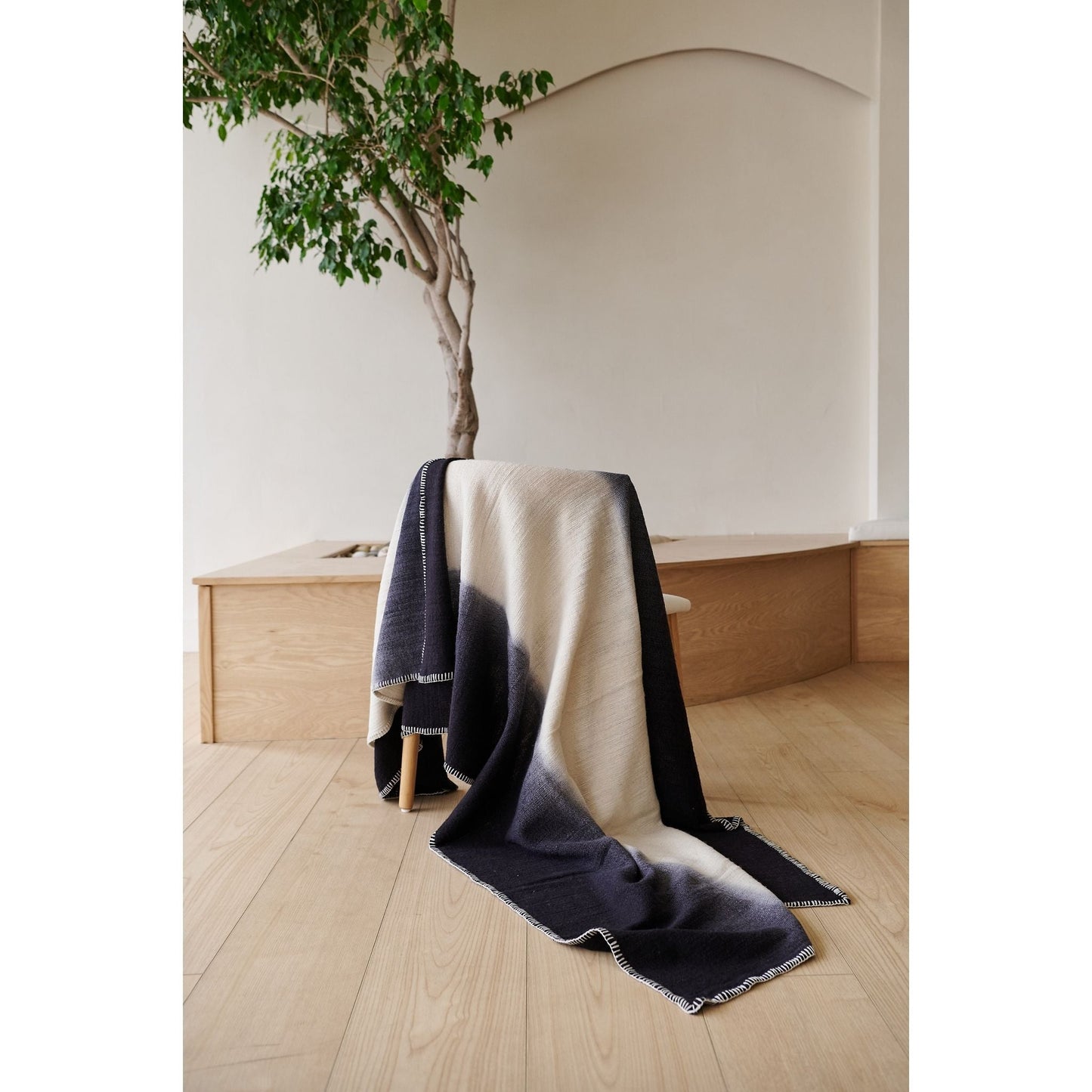 Ink Black White Ombre Textured Throw  In Hand Spun Merino And Hand Stitched Hem