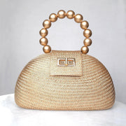 The Orla Gold Woven Straw & Wooden Bead Statement Clutch Bag - Fluent Trends