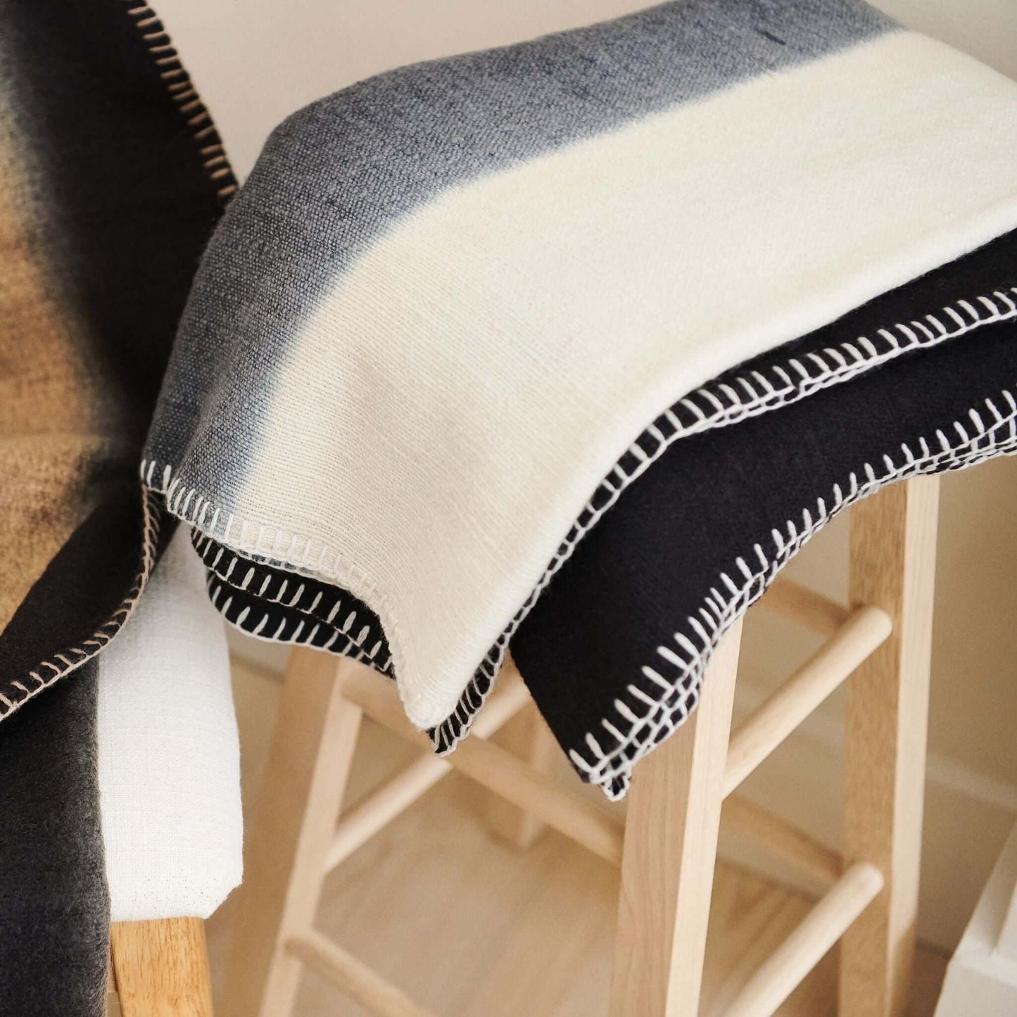 Ink Black White Ombre Textured Throw  In Hand Spun Merino And Hand Stitched Hem