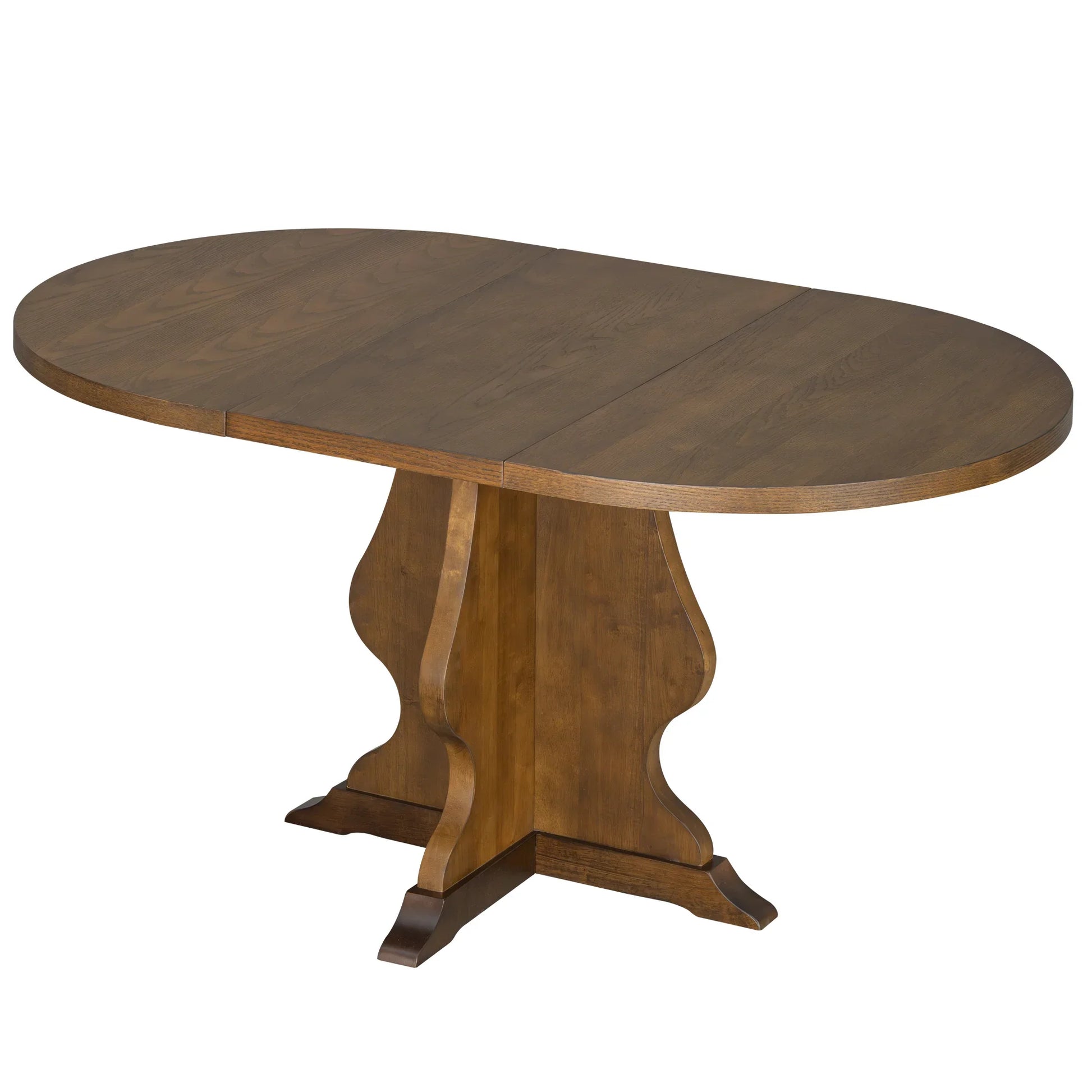 Oval wooden dining table with carved pedestal base in warm brown finish