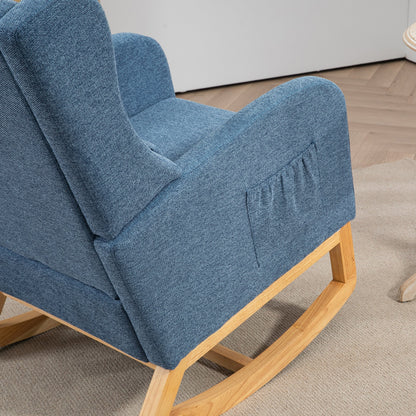 25.4'W Modern Rocking Chair for Nursery, Mid Century Accent Arm Rocker With Retractable Footrest, Side Pocket, Comfy Upholstered Wingback Wooden Glider Chair for Living Room Baby Kids Room. Blue