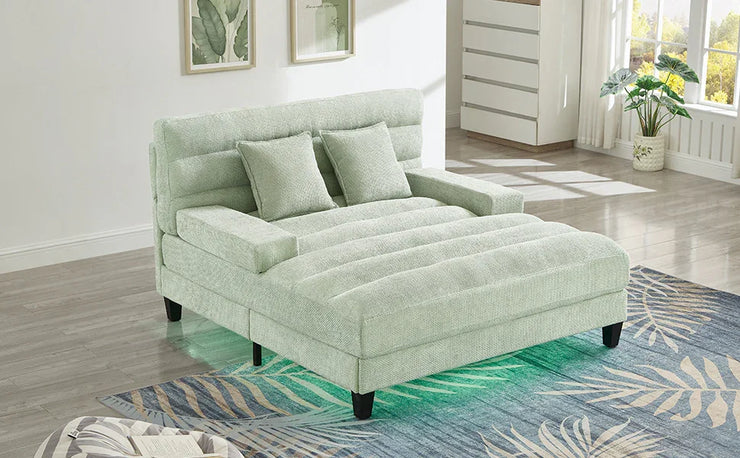 Green Chenille Chaise Lounge Sofa Bed with Adjustable Back & Smart RGB LED Lights - Fluent Trends