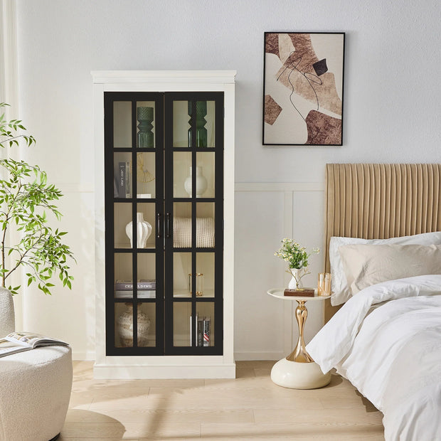 Rustic Style Display Curio Cabinet with Lattice Window Doors for Collectibles | White & Black - Fluent Trends