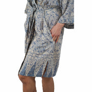 Hand Dyed Batik Robe Kimono, 100% Cotton, Gray, Silver Petals - Fluent Trends
