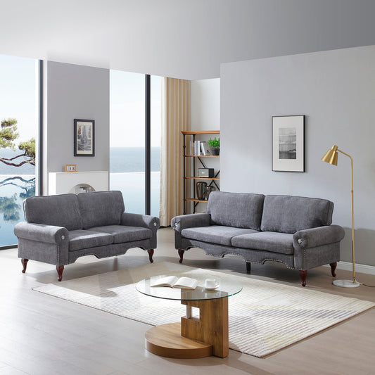 2 Piece Sofa Set with Movable Pillows, 5 Seat, Upholstered Sofa,  Gray