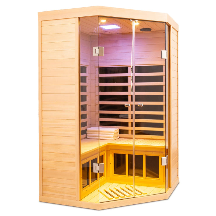 Deluxe Hemlock Far Infrared Corner Sauna Room with Glass Front for Two Persons - Fluent Trends