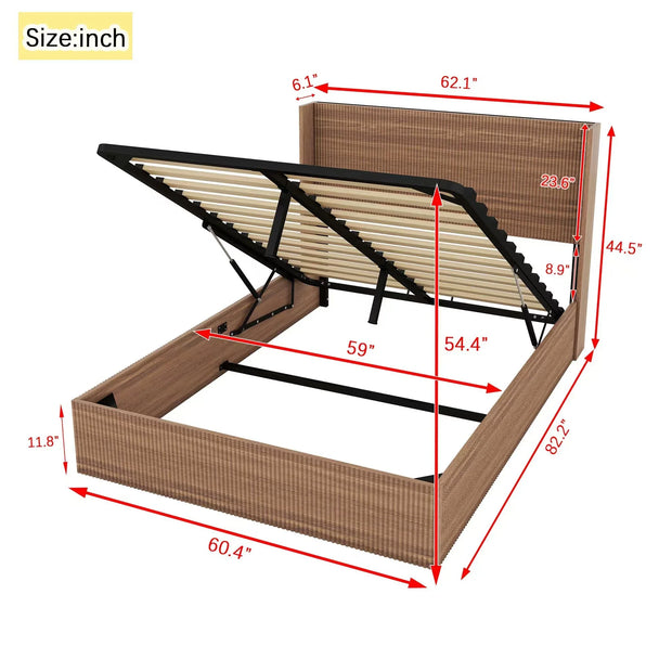 Large Grooved Undulating QueenSize Wooden Platform Bed Frame With Lift Storage - Fluent Trends