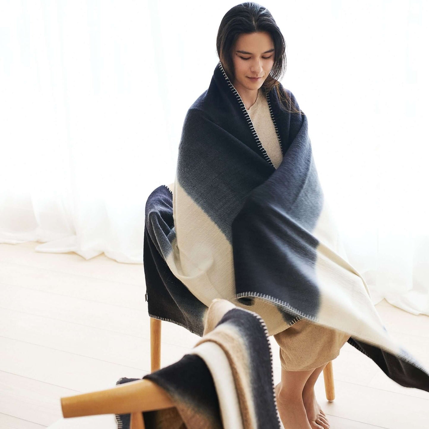 Ink Black White Ombre Textured Throw  In Hand Spun Merino And Hand Stitched Hem