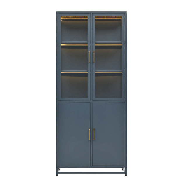 Modern Style 76.75'' Tall Steel Display Cabinet with Double Glass Doors, LED Lights, 3-Sided Glass for Collectibles - Dark Blue - Fluent Trends