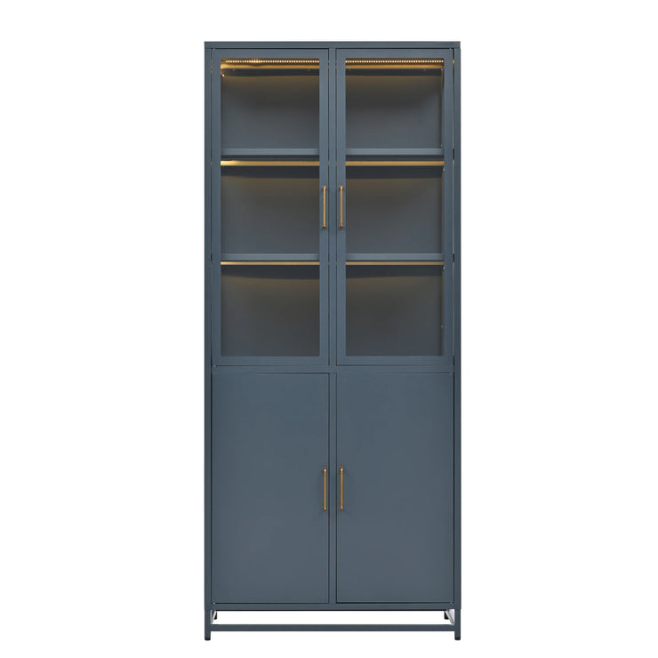 Modern Style 76.75'' Tall Steel Display Cabinet with Double Glass Doors, LED Lights, 3-Sided Glass for Collectibles - Dark Blue - Fluent Trends