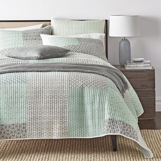 DaDa Bedding Contemporary Mint Green Grey Geometric Cotton Quilted Bedspread Set DaDalogy Bedding Collection
