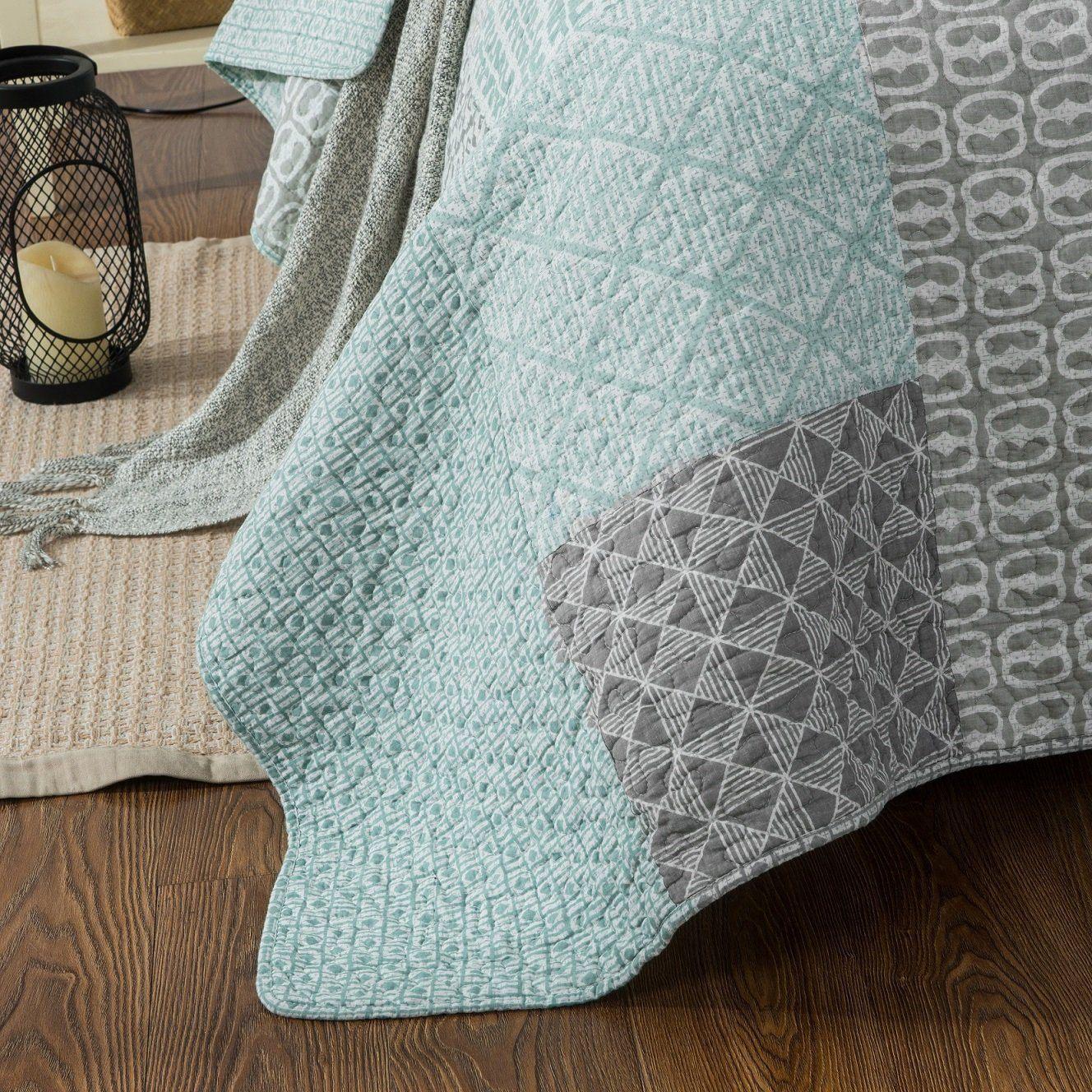 DaDa Bedding Contemporary Mint Green Grey Geometric Cotton Quilted Bedspread Set DaDalogy Bedding Collection