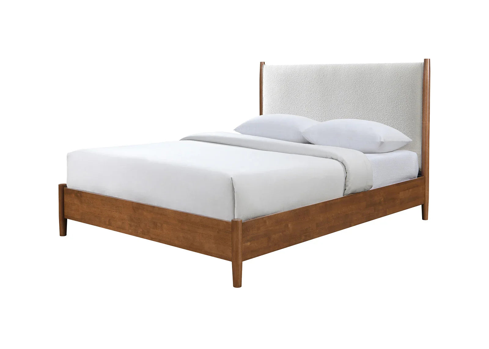 ​Platform bed frame crafted in rich walnut wood with an integrated tall beige boucle headboard, shown with a pristine white mattress and pillows