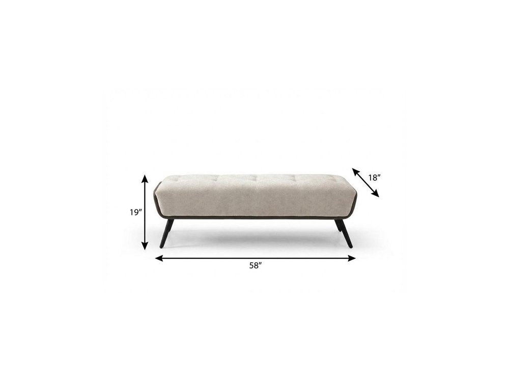 Dimension diagram of beige tufted vegan leather bench showing 58 inches wide 19 inches high and 18 inches deep with black steel legs